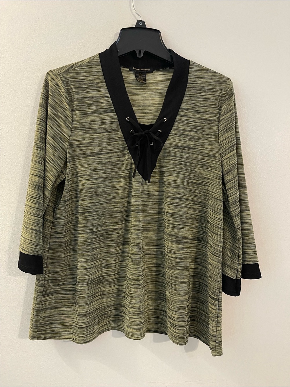 Susan Lawrence Lace-Up V-Neck Tunic in Olive Green with Black Trim